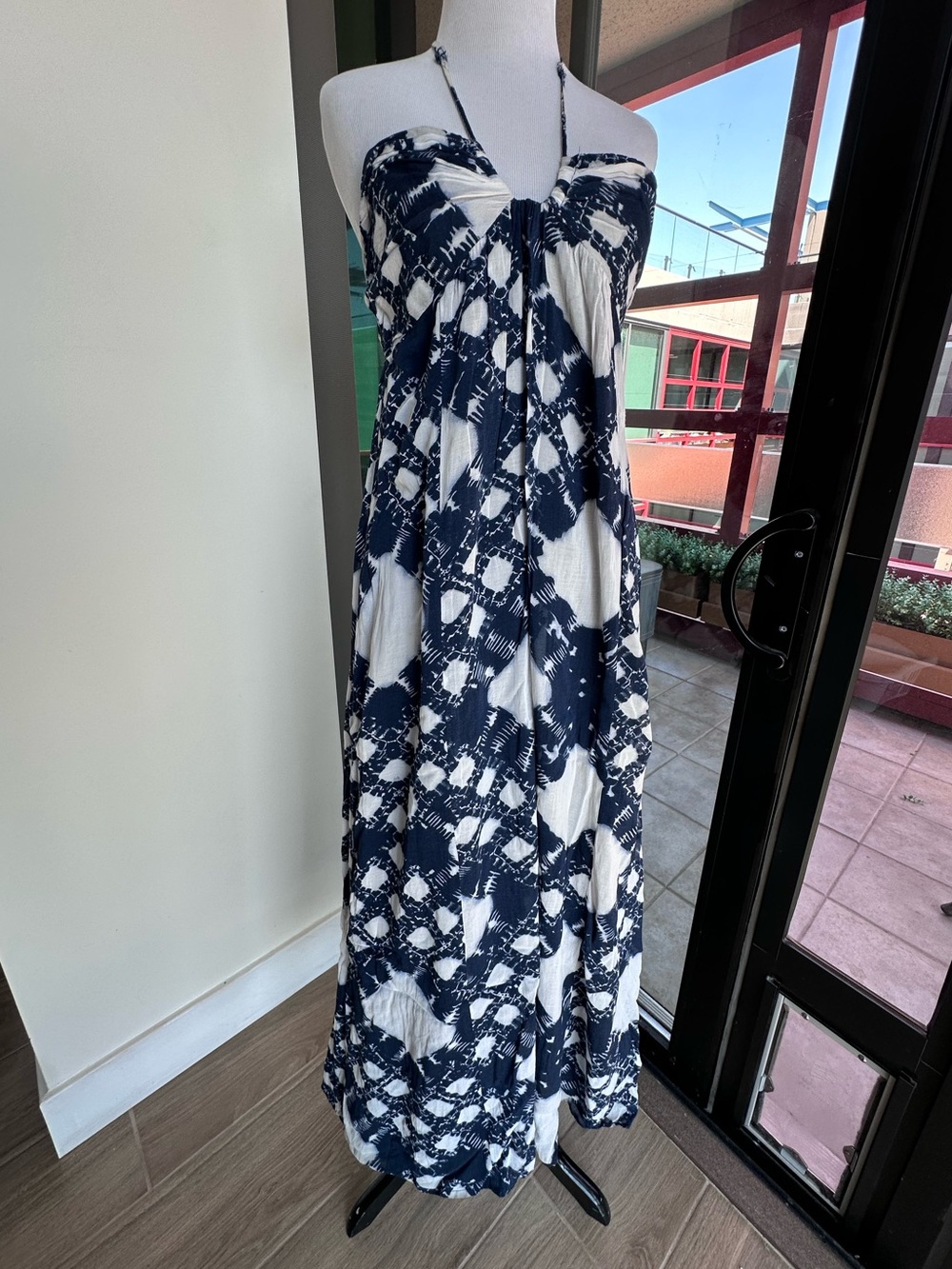 BCBGMaxAzria Navy and White Halter Maxi Dress